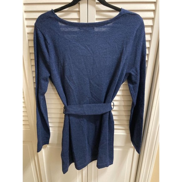 100% Italian Merino Wool Avellini Navy Boatneck Longline Belted Sweater Size L - Picture 2 of 4